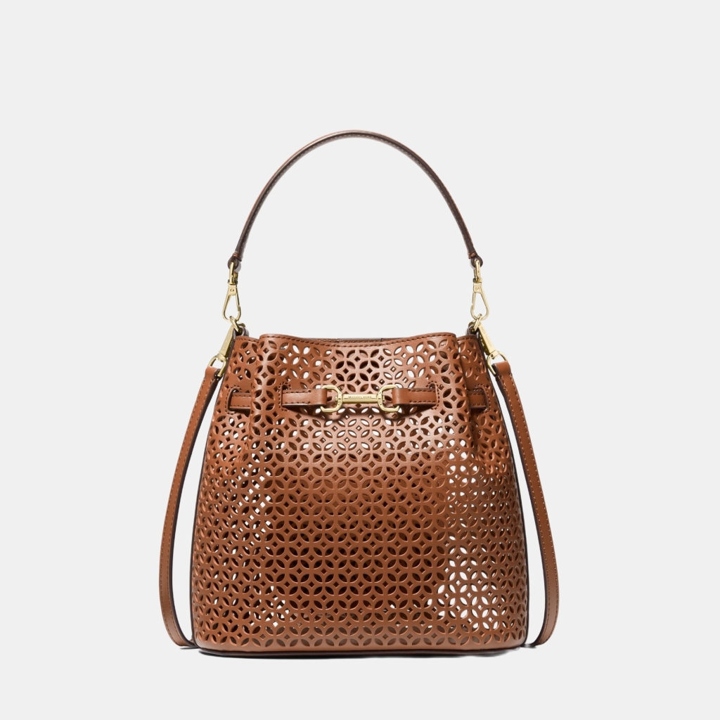 Michael Kors Outlet Carson Small Floral Laser Cut Bucket Crossbody Bag - LUGGAGE