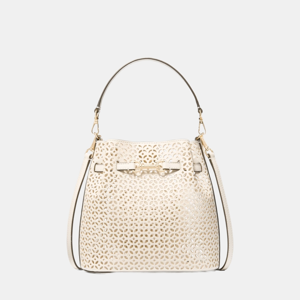Michael Kors Outlet Carson Small Floral Laser Cut Bucket Crossbody Bag - LT CREAM