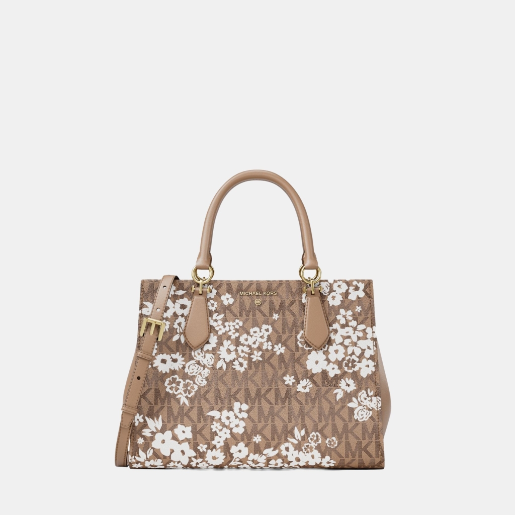 Michael Kors Outlet Marilyn Medium Printed Signature Logo Satchel - CAMEL