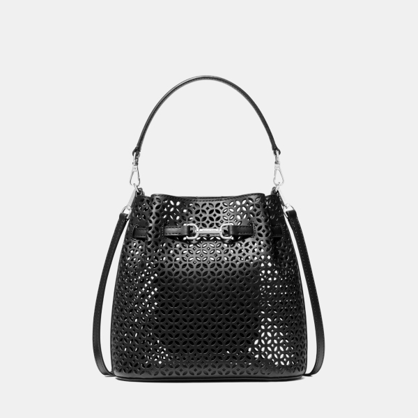 Michael Kors Outlet Carson Small Floral Laser Cut Bucket Crossbody Bag - BLACK