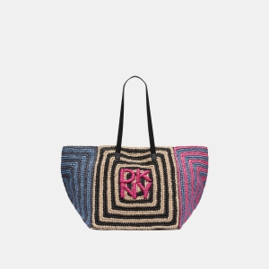 DKNY PALOMA CROCHET STRAW LOGO TOTE - Hot Pink Combo