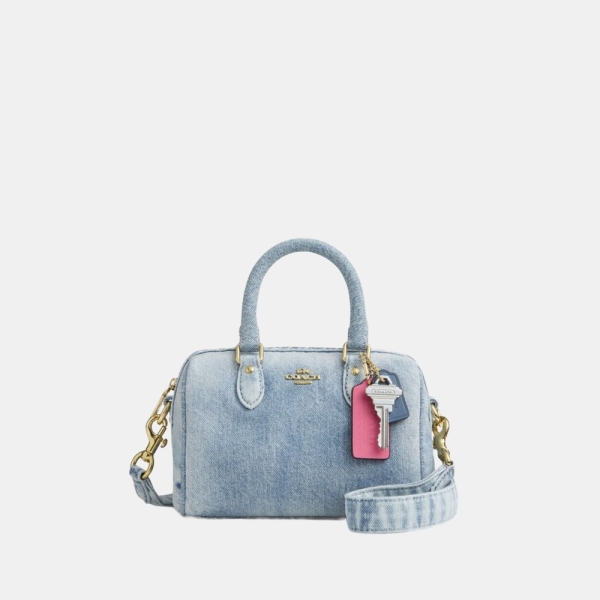 Coach Mini Rowan Crossbody Bag In Loved Denim With Charms - Gold/Light Indigo