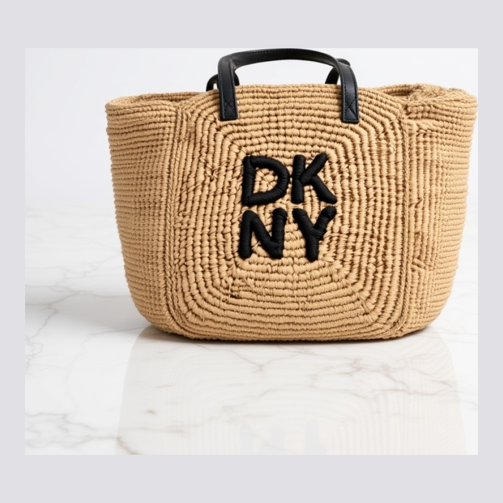 DKNY - Raffia Tote Bag with Embroidered Logo - Beige