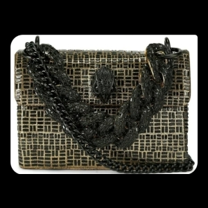 Kurt Geiger London Mini Kensington Chain Crossbody Bag - Dark Gold/Bronze and Black Woven Pattern