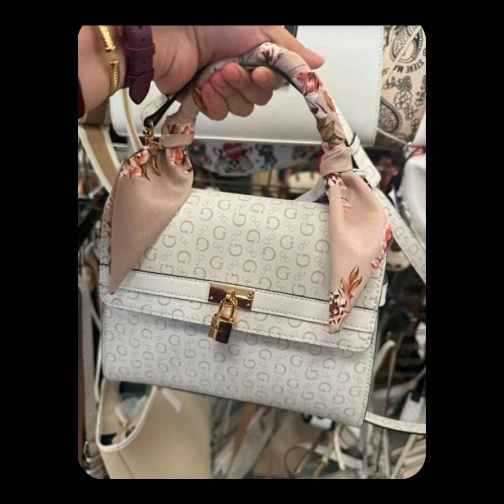 Guess Monogram Shoulder Bag with Scarf - Cream with Beige Monogram and Floral Scarf