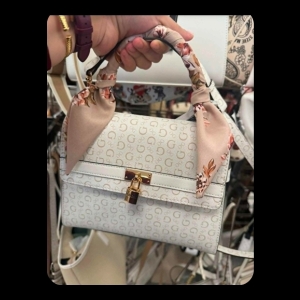 Guess Monogram Shoulder Bag with Scarf - Cream with Beige Monogram and Floral Scarf