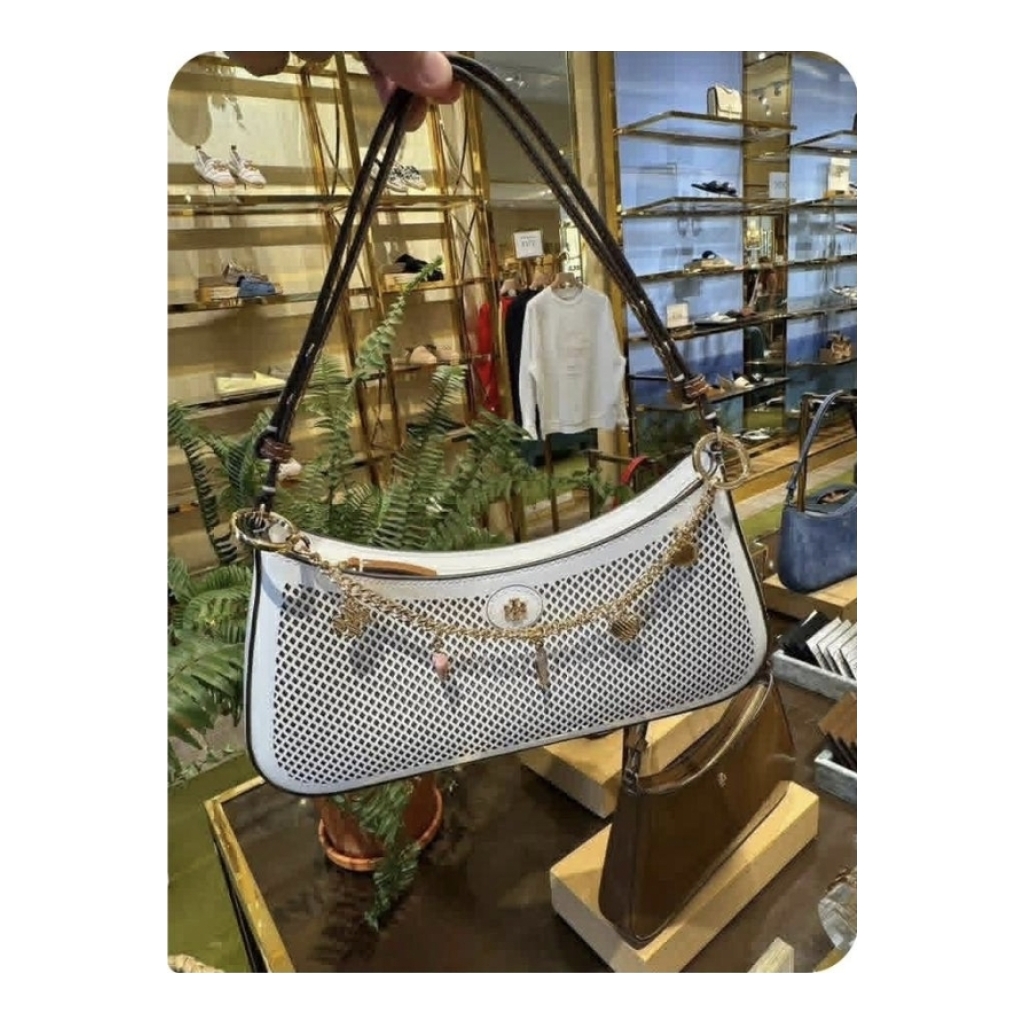 Tory Burch Perforated Shoulder Bag with Charms - White with Light Blue Trim