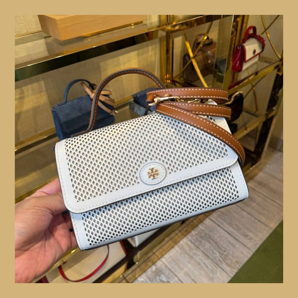 Tory Burch - Perforated Flap Crossbody Bag - White with Tan strap