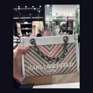 Karl Lagerfeld Chevron Woven Mini Tote Bag with Chain Strap - Multi-color Chevron Woven with White Leather Trim
