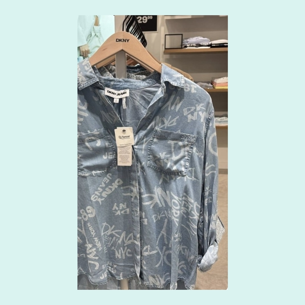 DKNY Tencel Denim Shirt with Graffiti Print - Light Blue with White Print - Size Medium