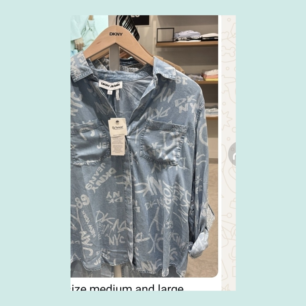 DKNY Printed Denim Shirt - Light Blue Denim with White Print - Size large