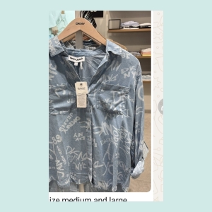 DKNY Printed Denim Shirt - Light Blue Denim with White Print - Size medium