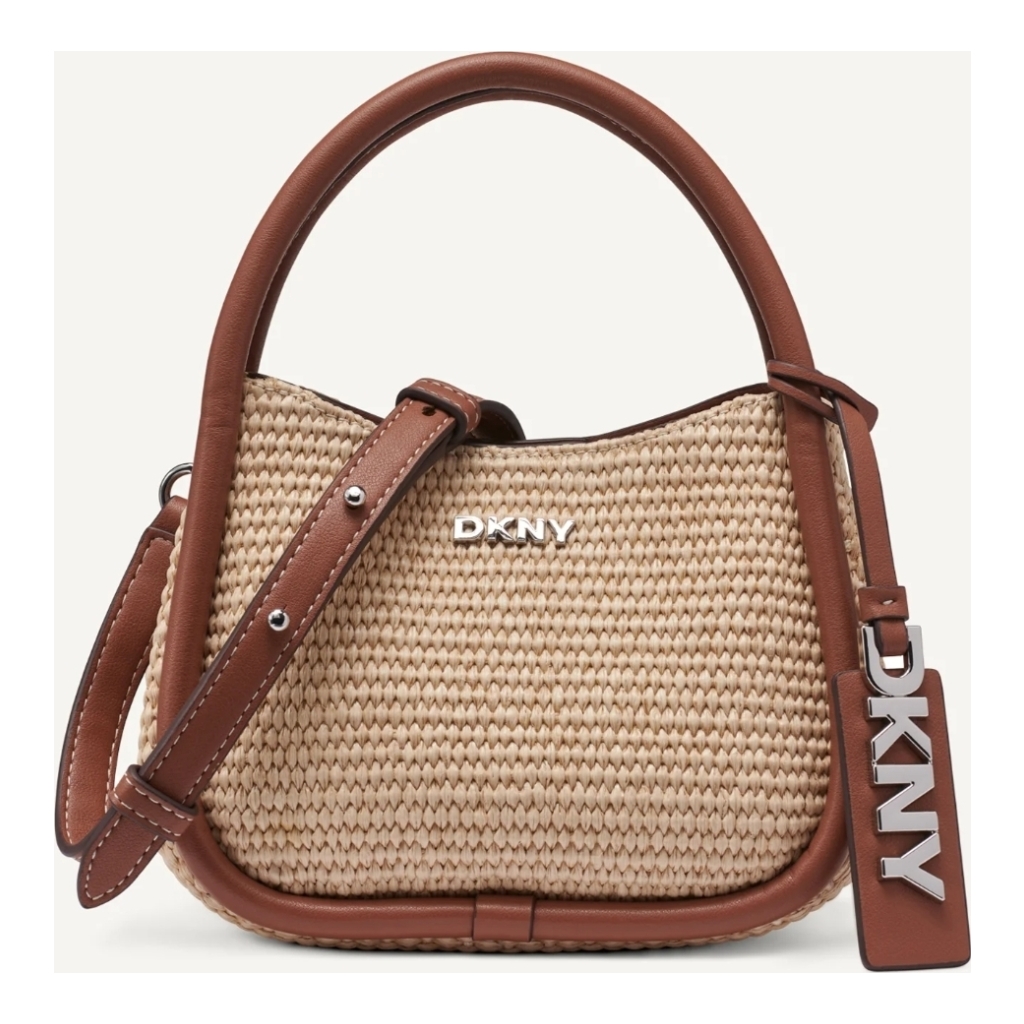 DKNY Woven Mini Top Handle Bag with Leather Trim - Beige with Brown Trim