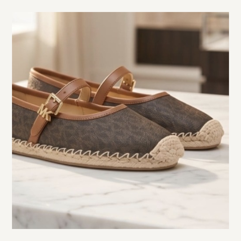 Michael Kors Lynn Ballet Espadrille Flats - Dark Brown Monogram with Tan and Beige accents - Size 10 US