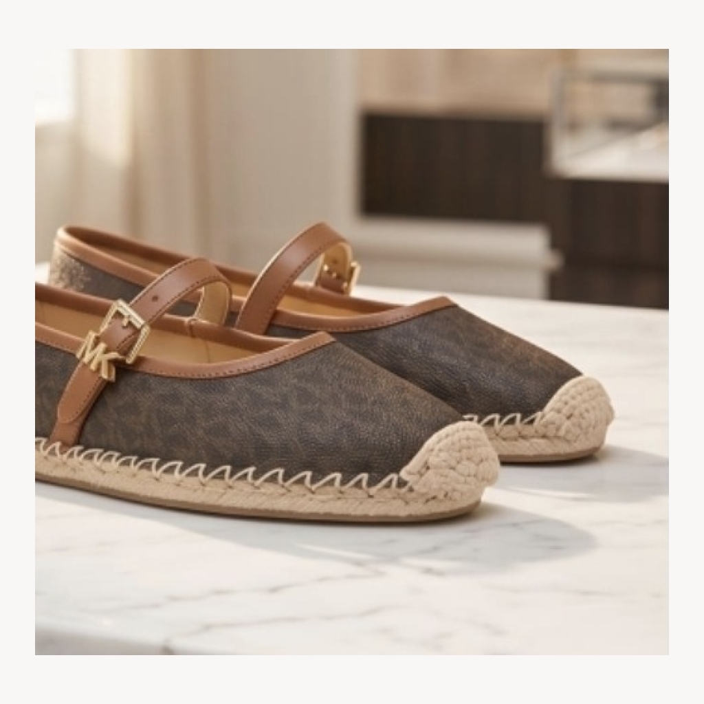 Michael Kors Lynn Ballet Espadrille Flats - Dark Brown Monogram with Tan/Camel - Size 8.5 US