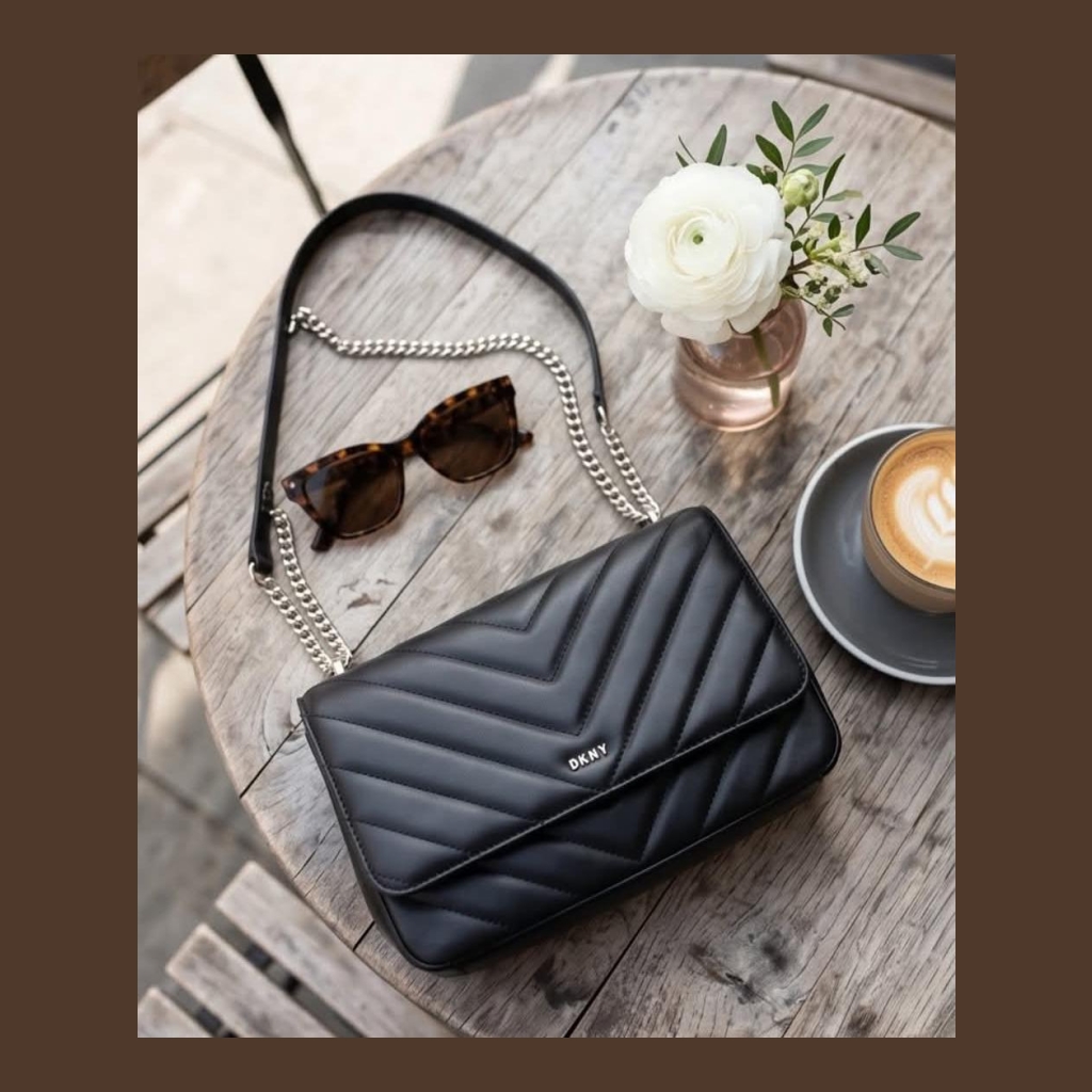 DKNY Quilted Shoulder Bag with Chain Strap - Black