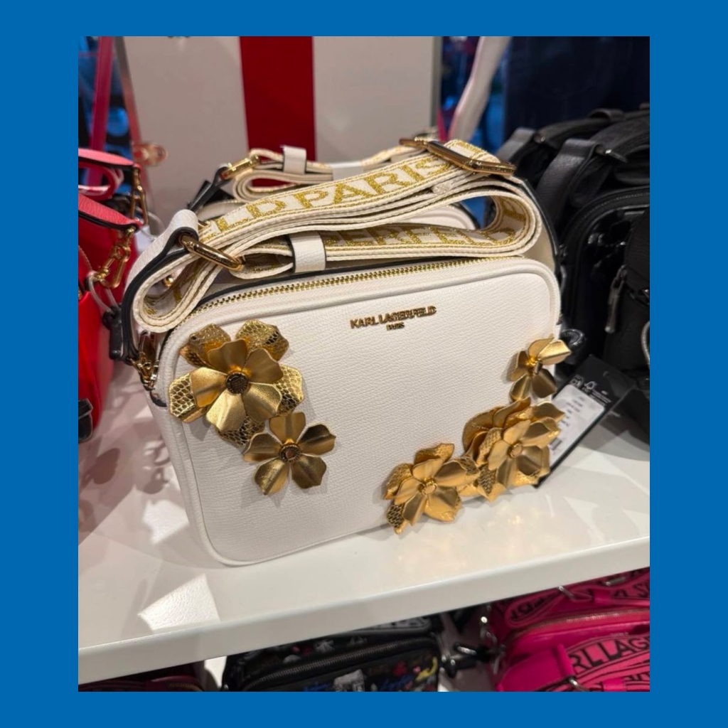 Karl Lagerfeld Cross-body Bag with Gold Floral Embellishments - White with Gold accents