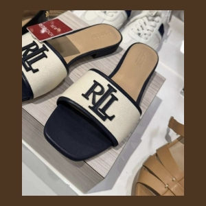 Ralph Lauren RL Logo Canvas Slide Sandal - Navy Blue and Cream - Size 7.5