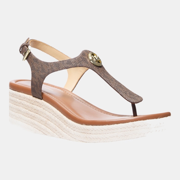 Michael Kors Women's Val Thong Wedge Sandals - Brown Logo Canvas
