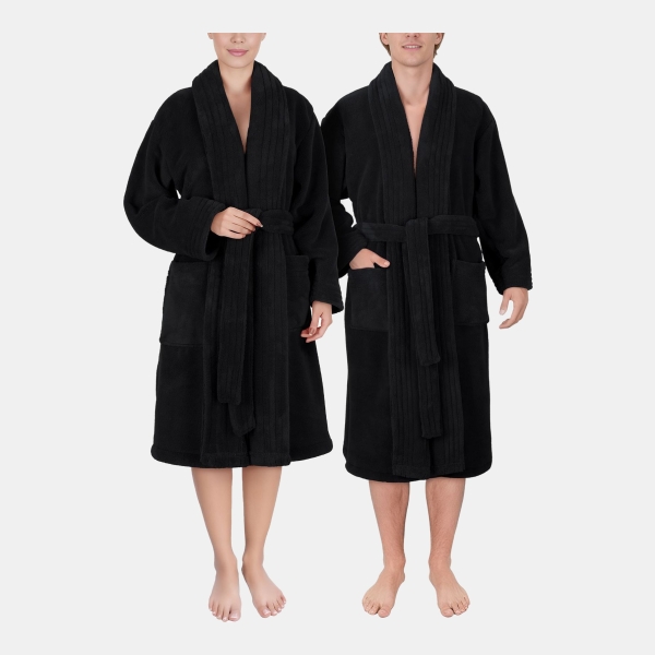 Unisex Luxury Hotel Spa Warm Shawl Collar Soft Plush Fleece Bath Robe - Black