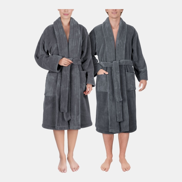 Unisex Luxury Hotel Spa Warm Shawl Collar Soft Plush Fleece Bath Robe - Dark Gray