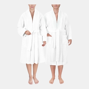 Unisex Luxury Hotel Spa Warm Shawl Collar Soft Plush Fleece Bath Robe - White
