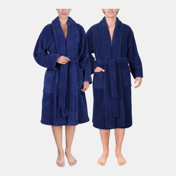 Unisex Luxury Hotel Spa Warm Shawl Collar Soft Plush Fleece Bath Robe - Navy