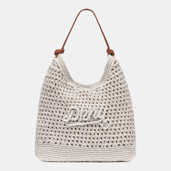 DKNY PAULA CROCHET LOGO HOBO BAG - Natural