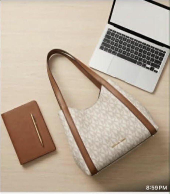 Michael Kors Monogram Shoulder Bag - Cream with Tan Trim