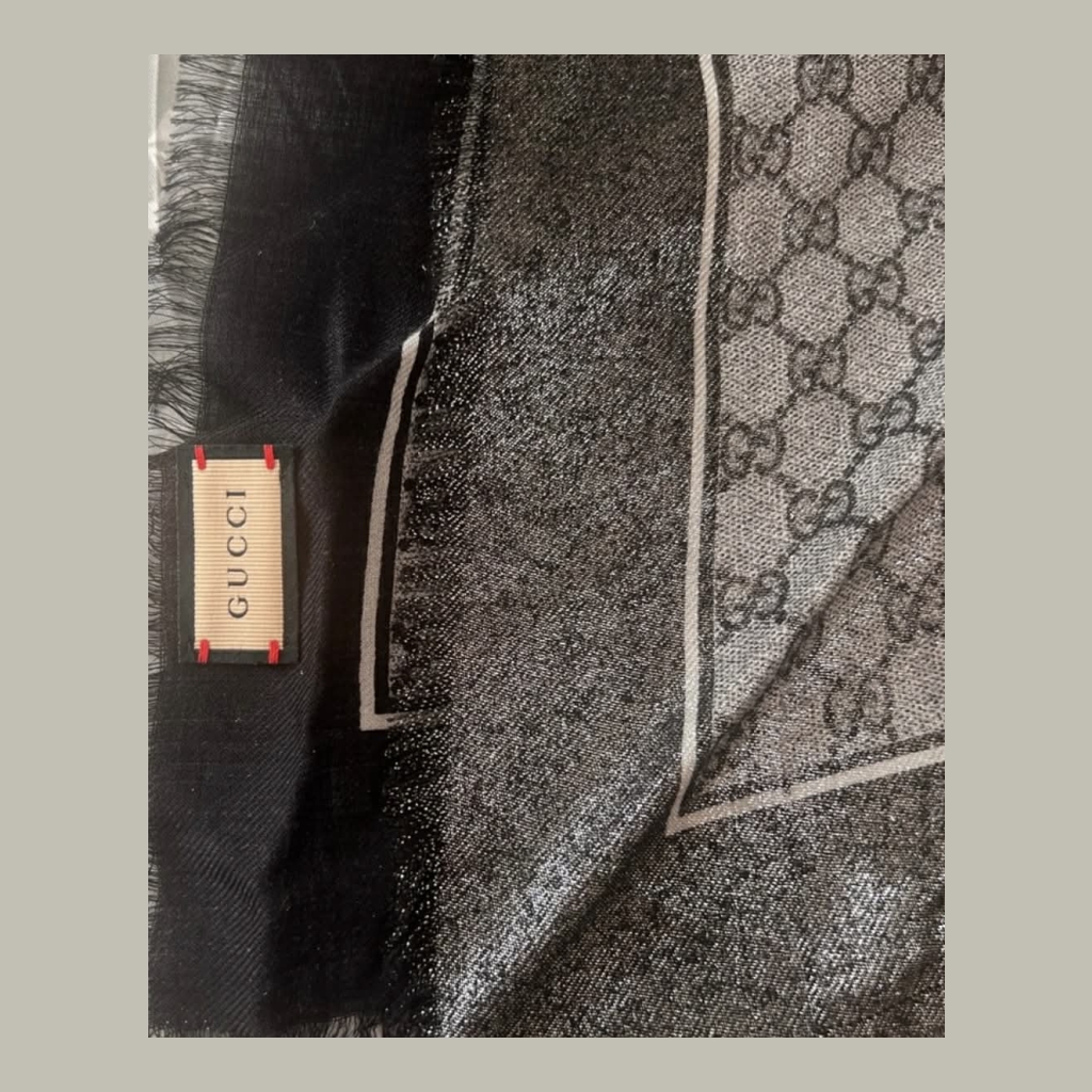 Gucci GG Pattern Scarf with Fringe - Black and Gray/Silver