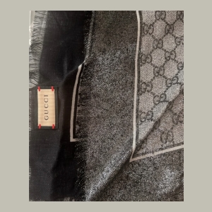 Gucci GG Pattern Scarf with Fringe - Black and Gray/Silver
