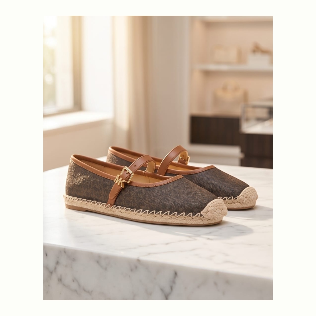 Michael Kors Lynn Ballet Espadrille Flats - Brown Monogram with Tan Strap and Natural Espadrille Sole - Size 9 US
