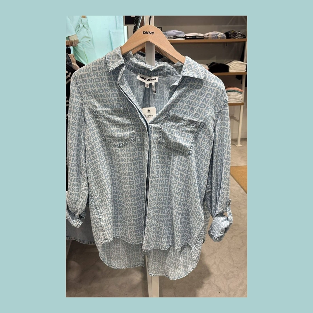 DKNY Long Sleeve Button-Up Shirt with All-Over Logo Print - Light Blue with White Logo Print - Size medium