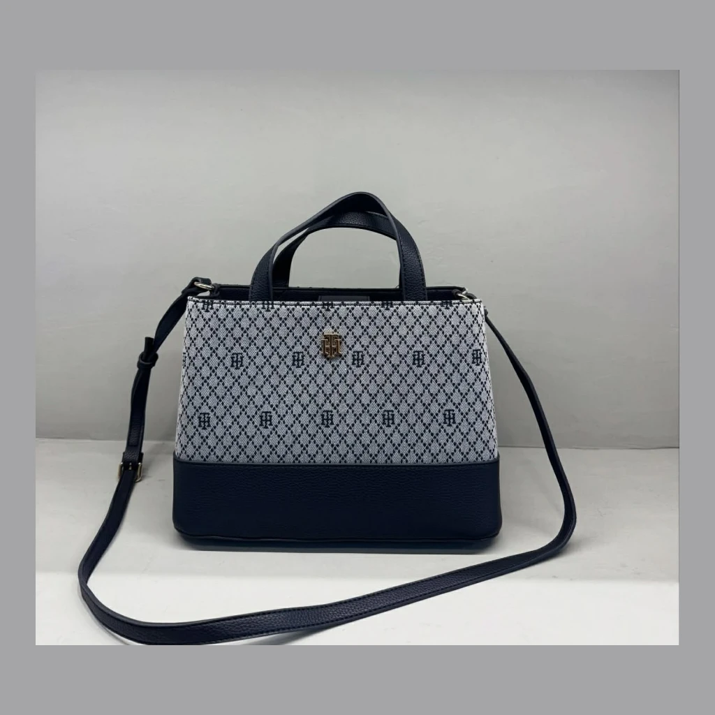 Tommy Hilfiger Monogram Tote Bag with Shoulder Strap - Navy Blue and Gray Monogram