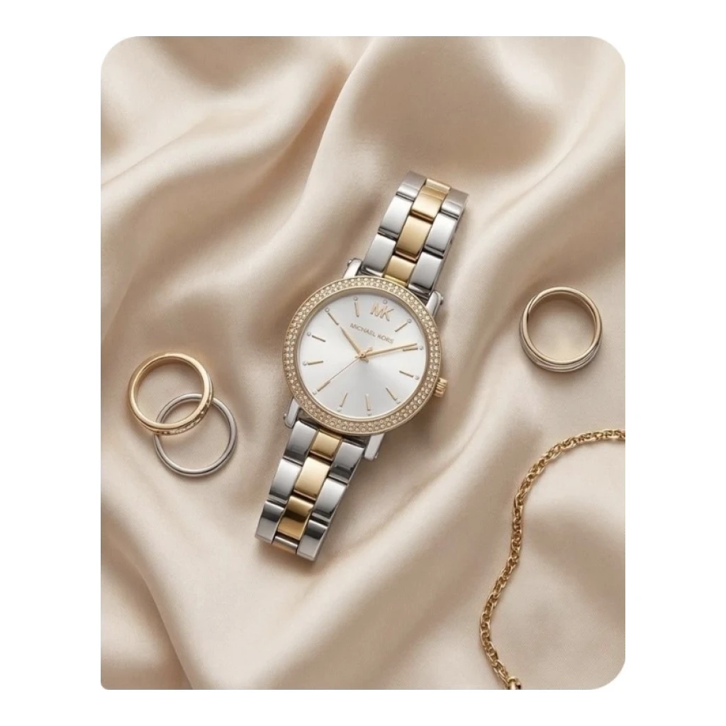 Michael Kors Two-tone Watch with Crystal Bezel - Two-tone (Silver and Gold) with White Dial