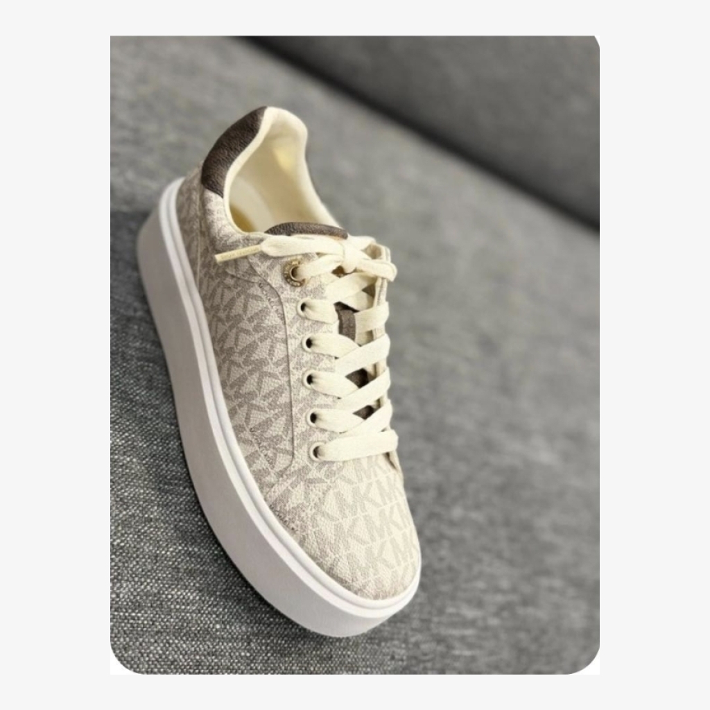 Michael Kors Monogram Platform Sneakers - Beige/Cream with Brown accents - Size 9