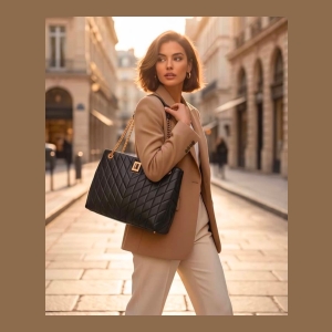 Karl Lagerfeld Quilted Shoulder Bag with Chain Strap - Black
