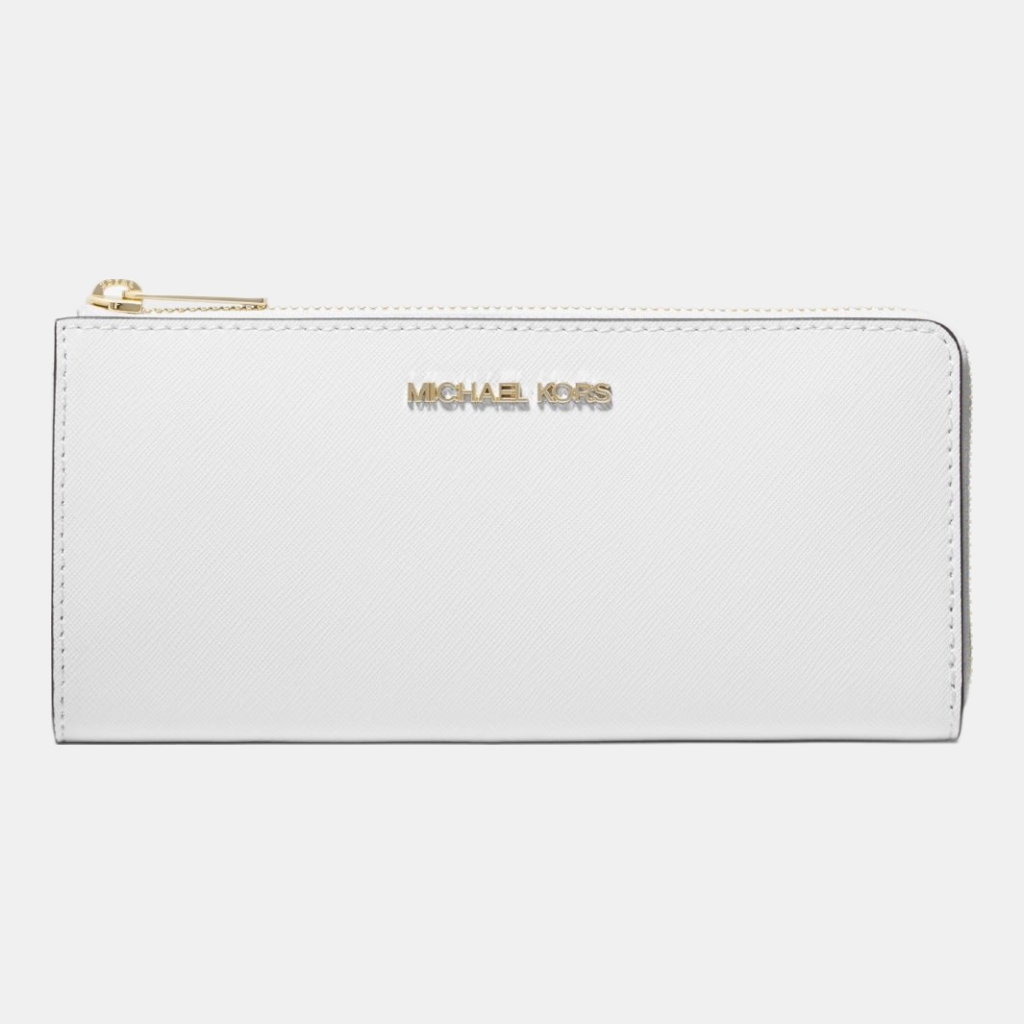 Michael Kors Outlet Jet Set Travel Large Saffiano Leather Quarter-Zip Wallet - OPTIC WHITE