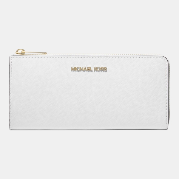 Michael Kors Outlet Jet Set Travel Large Saffiano Leather Quarter-Zip Wallet - OPTIC WHITE