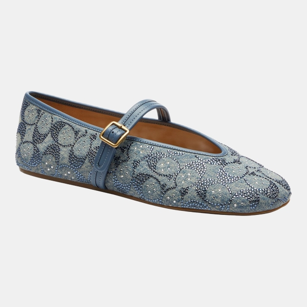 Coach Women's Sculpted C Soft Mary Jane Flats - Denim Crystal Signature Jacquard