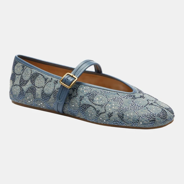 Coach Women's Sculpted C Soft Mary Jane Flats - Denim Crystal Signature Jacquard