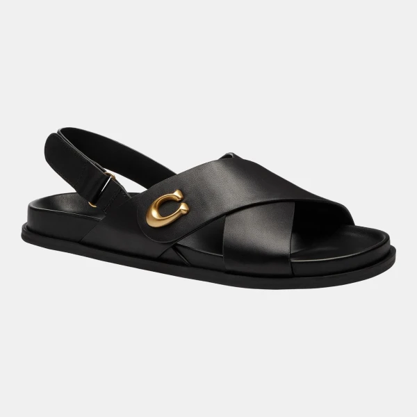 Coach Women's Sculpted C Criss Cross Round Toe Sandals - Black Leather