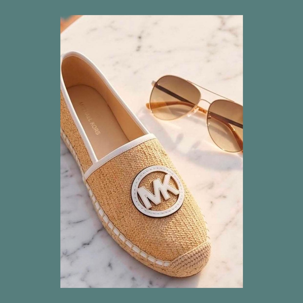 Michael Kors Straw Espadrille Flats with MK Logo - Beige/Tan with White Trim - Size 38
