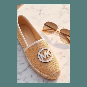 Michael Kors Straw Espadrille Flats with MK Logo - Beige/Tan with White Trim - Size 38