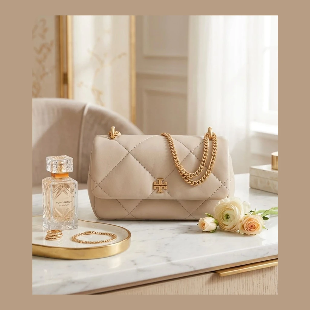 Tory Burch Kira Quilted Shoulder Bag with Chain Strap - Beige