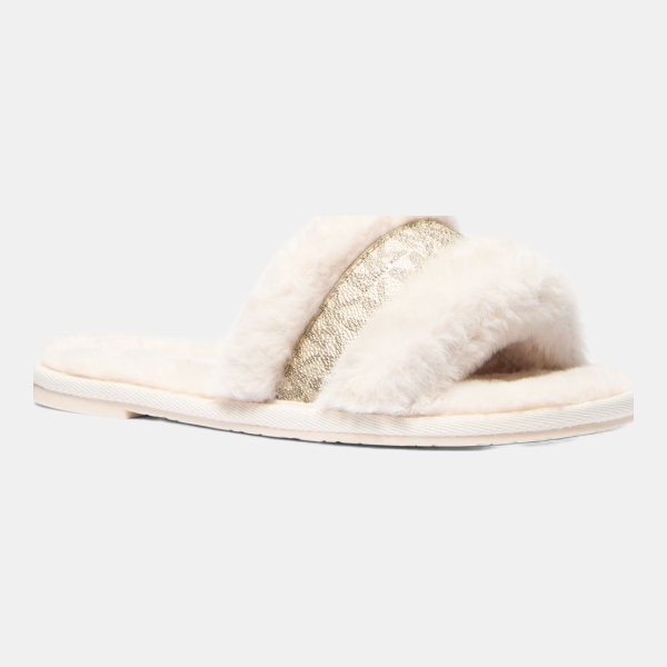 Michael Kors Outlet Alexis Faux Fur and Metallic Signature Logo Slide Sandal - NATURAL
