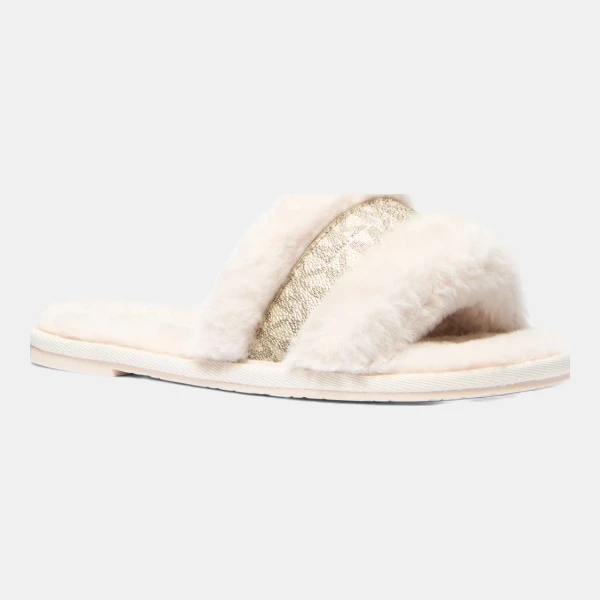 Michael Kors Outlet Alexis Faux Fur and Metallic Signature Logo Slide Sandal - NATURAL
