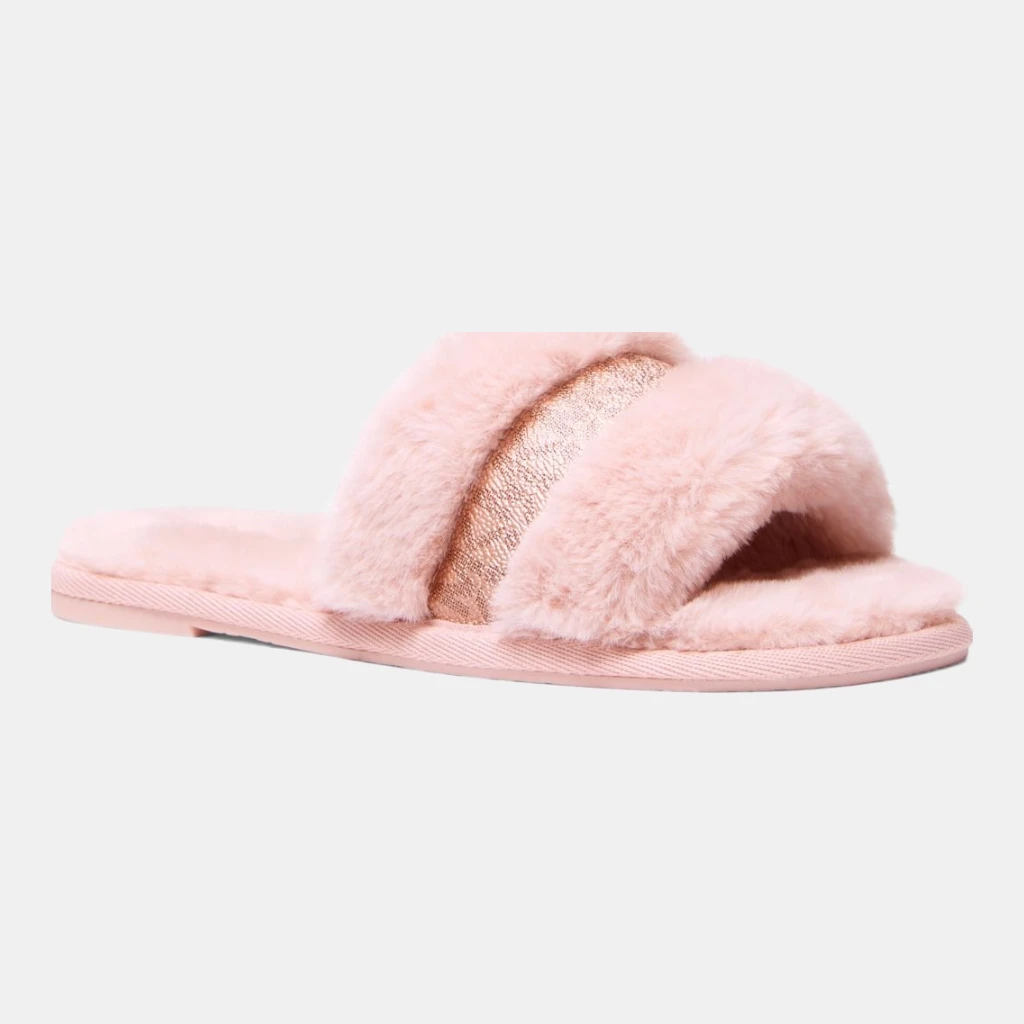Michael Kors Outlet Alexis Faux Fur and Metallic Signature Logo Slide Sandal - POWDER BLUSH