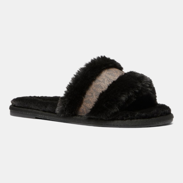 Michael Kors Outlet Alexis Faux Fur and Metallic Signature Logo Slide Sandal
