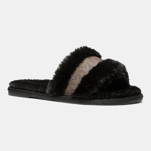 Michael Kors Outlet Alexis Faux Fur and Metallic Signature Logo Slide Sandal